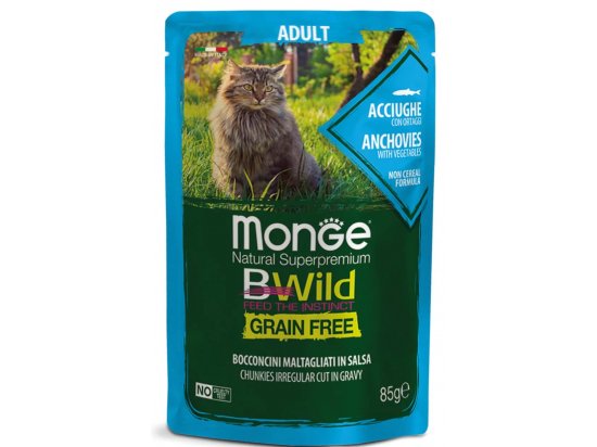 Фото - вологий корм (консерви) Monge Cat Bwild Grain Free Adult Anchovies & Vegetables вологий корм для котів АНЧОУСИ та ОВОЧІ, пауч
