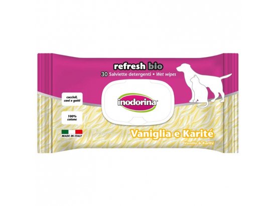 Фото - повседневная косметика Inodorina Refresh Bio влажные биоразлагаемые гигиенические салфетки с ароматом ванили и карите для собак и кошек