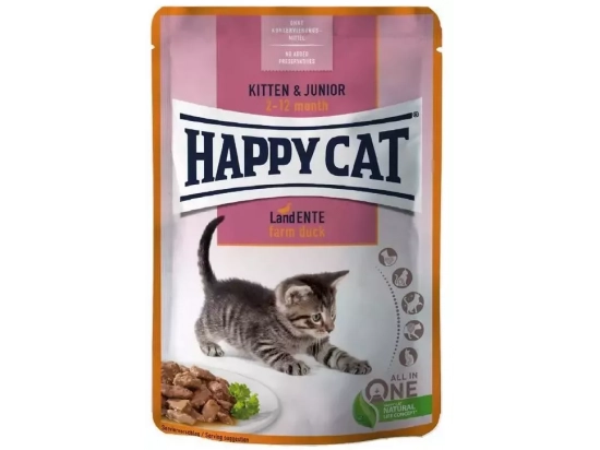 Фото - вологий корм (консерви) Happy Cat (Хепі Кет) MEAT IN SAUCE KITTEN & JUNIOR FARM DUCK вологий корм для кошенят шматочки в соусі КАЧКА