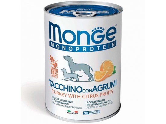 Фото - влажный корм (консервы) Monge Dog Monoprotein Adult Tutkey & Citrus Fruits монопротеиновый влажный корм для собак ИНДЕЙКА и ЦИТРУСОВЫЕ, паштет