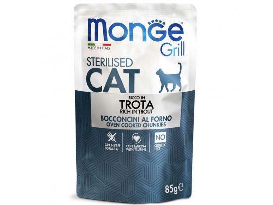 Фото - вологий корм (консерви) Monge Cat Grill Grain Free Sterilised Trout вологий корм для стерилізованих котів ФОРЕЛЬ, пауч