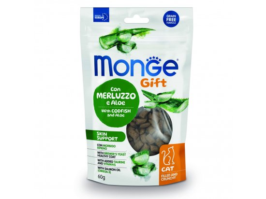 Фото - лакомства Monge Cat Gift Skin Support Adult Codfish & Aloe лакомство для поддержания здоровья зубов, кожи и шерсти кошек ТРЕСКА и АЛОЕ