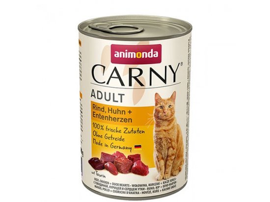 Фото - вологий корм (консерви) Animonda Carny Adult Rind, Huhn+Entenherzen Консерви для кішок з яловичиною, куркою та серцем качки, шматочки в соусі