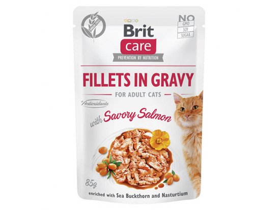 Фото - вологий корм (консерви) Brit Care Cat Fillets in Gravy Savory Salmon консерви для кішок ПІКАНТНИЙ ЛОСОСЬ В СОУСІ
