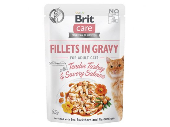 Фото - вологий корм (консерви) Brit Care Cat Fillets in Gravy Adult Turkey, Salmon, Sea Buckthorn & Nasturtium консерви для котів у соусі ІНДИЧКА та ЛОСОСЬ