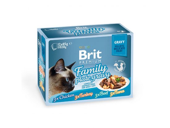 Фото - вологий корм (консерви) Brit Premium Cat Family Plate Gravy консерви для котів, набір 4 смаку асорті шматочки в соусі