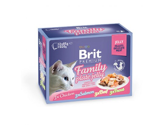 Фото - вологий корм (консерви) Brit Premium Cat Family Plate Jelly консерви для котів, набір 4 смаки асорті шматочки в желе