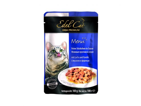 Фото - вологий корм (консерви) Edel Cat (Едель Кeт) mit Lachs und Forelle - консерви для котів - шматочки в соусі, лосось та форель