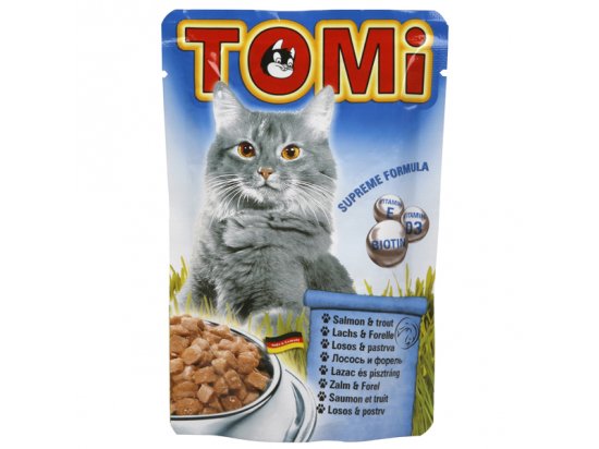 Фото - вологий корм (консерви) TOMi Salmon+Trout консерви для котів - шматочки в соусі, лосось та форель (пауч)