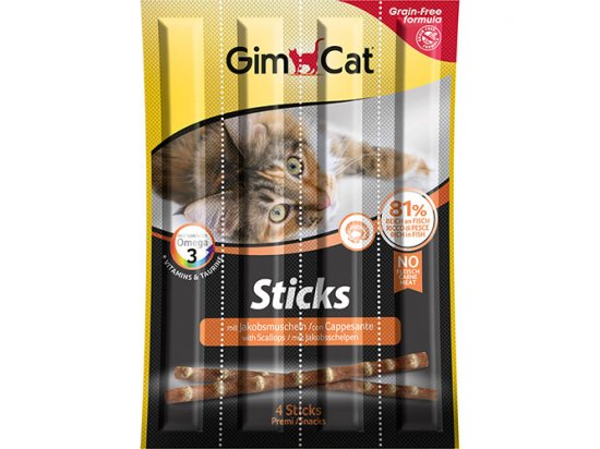 Фото - корм и лакомства Gimcat STICKS SALMON & SCALLOPS мясные палочки для кошек ЛОСОСЬ и ГРЕБЕШКИ (4 шт)