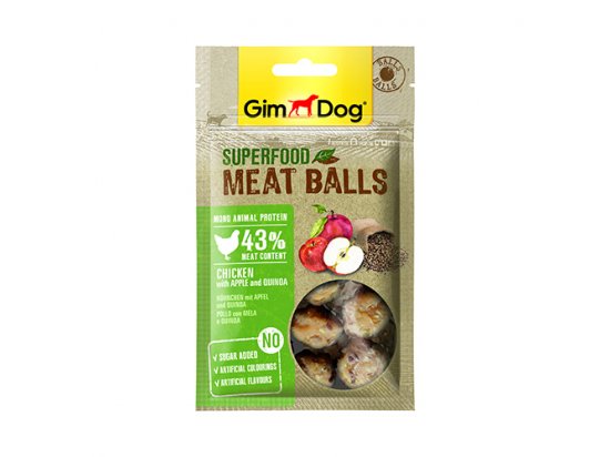 Фото - ласощі Gimdog Superfood мясные шарики для собак Курица с яблоком и киноа