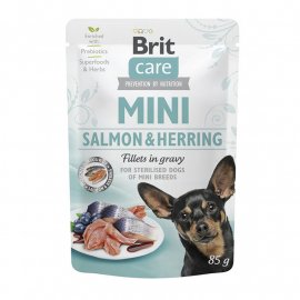 Brit Care MINI FILLETS HERRING & SALMON консервы для стерилизованных собак мелких пород СЕЛЬДЬ И ЛОСОСЬ В СОУСЕ 85 г